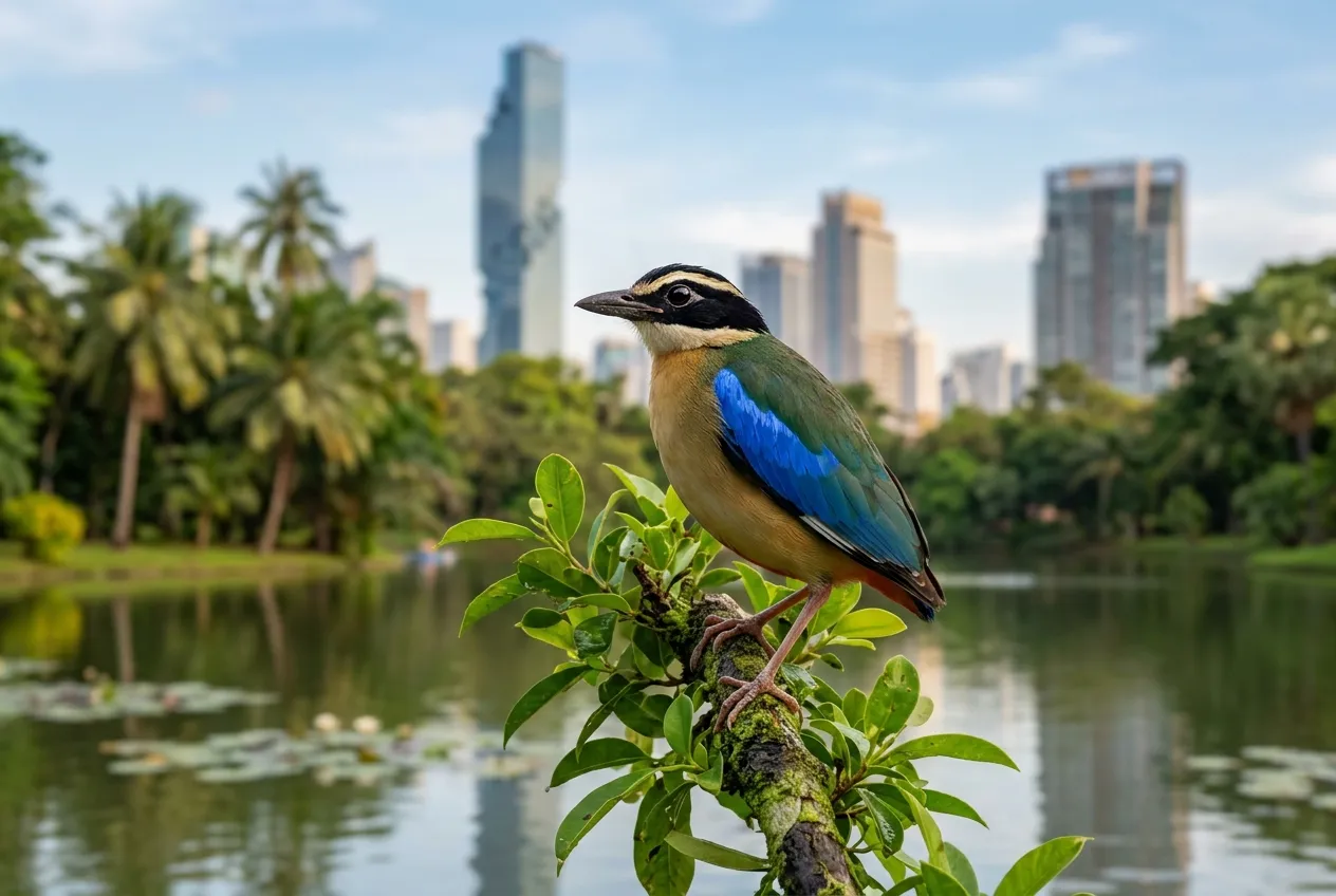 A colorful tropical bird perched on a branch in Lumpini Park