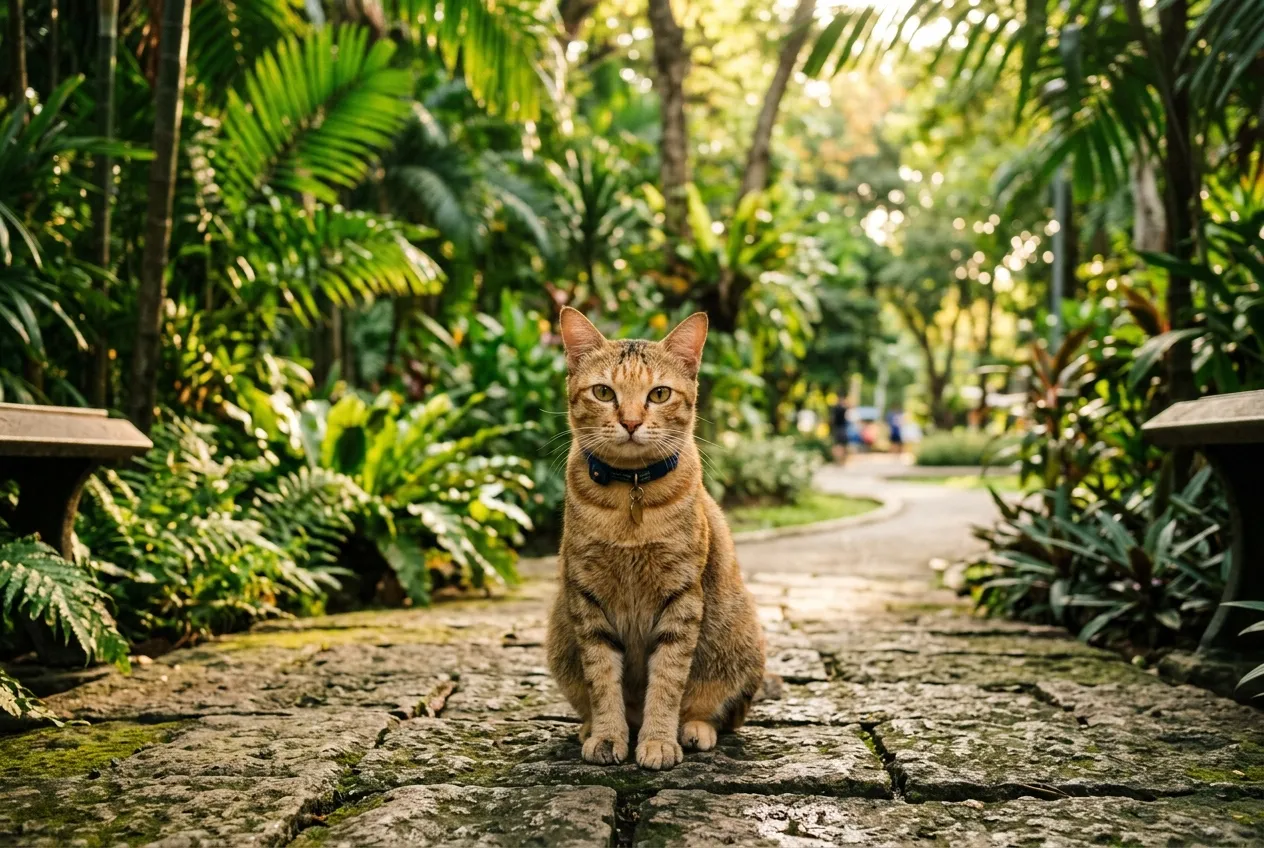 A friendly resident cat resting in Lumpini Park