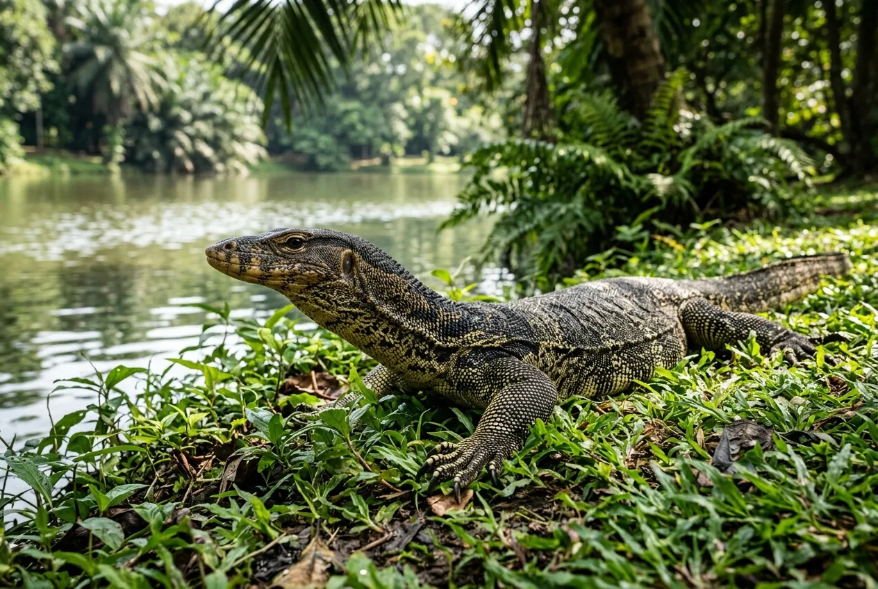Asian Water Monitor Lizard basking on grass in Lumpini Park